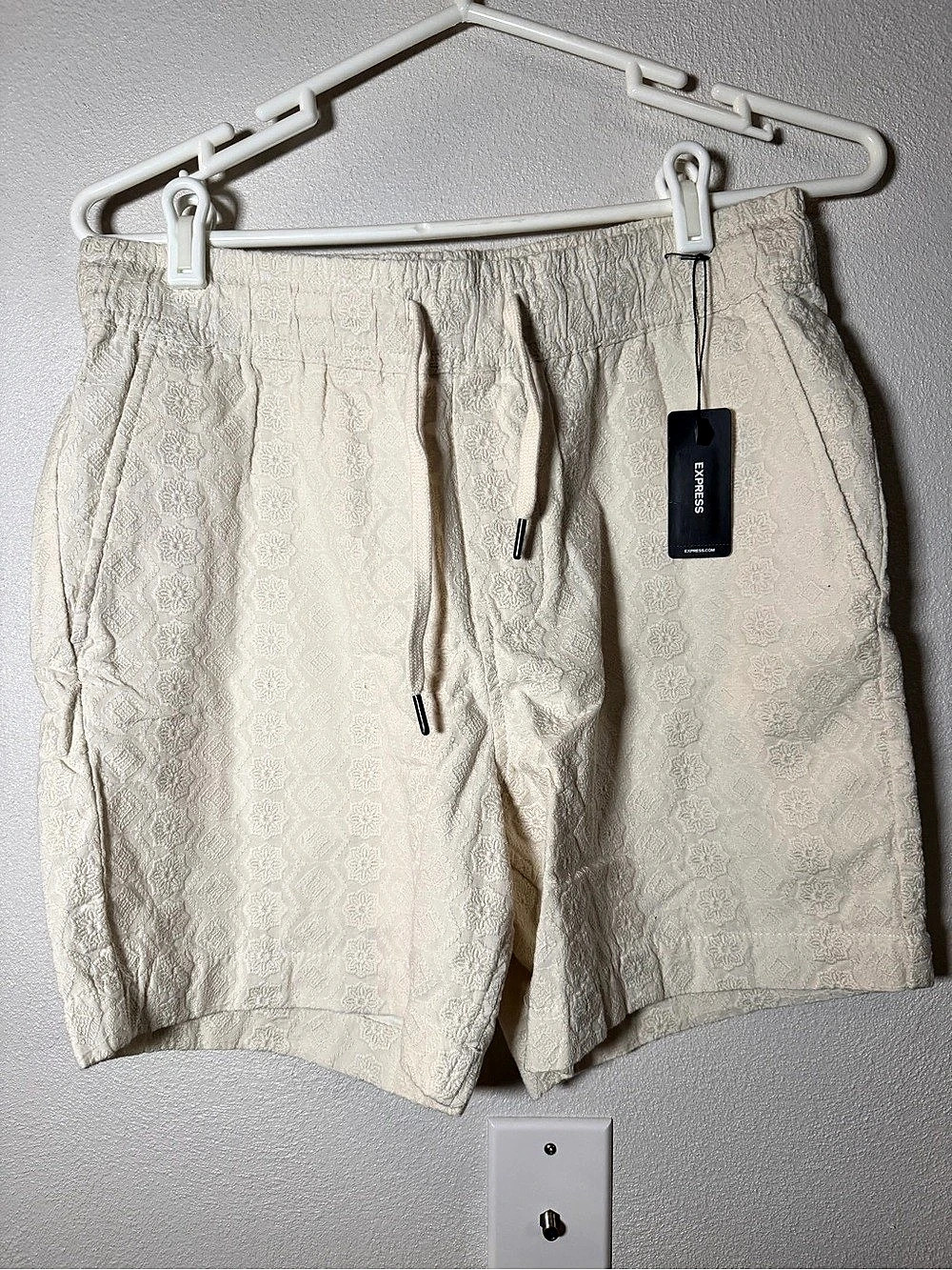 Express Embroidered Floral Ivory Cotton Drawstring Elastic Waist Short